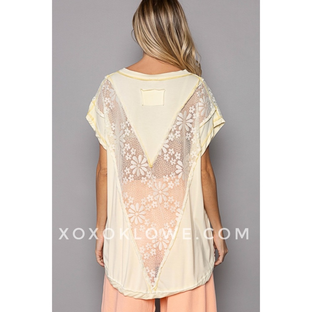 POL Pale Yellow Rayon Jersey + Floral Lace Short Sleeve Top Oversized